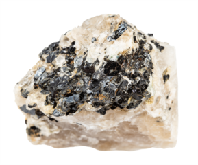 close up of sample of natural stone from geological collection - annite mica on unpolished cryolite mineral isolated on white background from Eastern Siberia