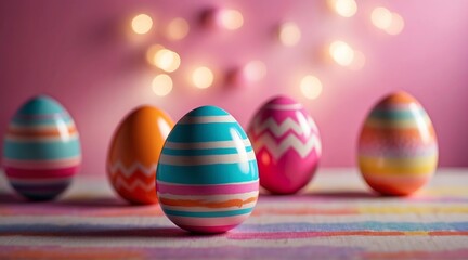 Set collection of colorful painted striped easter eggs on table with bokeh lights in the pink background