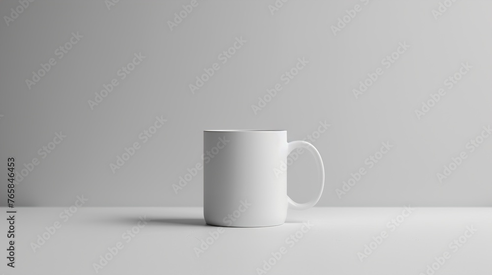 Poster a uhd capture of a minimalist white ceramic mug positioned on a plain white tabletop, providing a bl