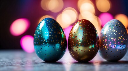 Holographic metallic painted Easter eggs on gradient background with copy space, pastel colorful Easter banner eggs on table with bokeh lights in the pastel background

