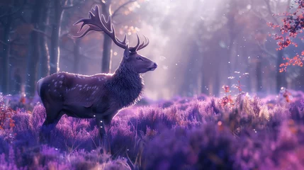 Fototapeten Hyper Realistic Deer in Purple Forest With cyber prank style  © Ummeya