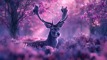 Hyper Realistic Deer in Purple Forest With cyber prank style  - obrazy, fototapety, plakaty