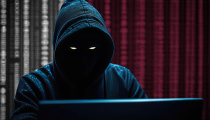 Hacker in a dark hoodie sitting in front of a monitors with Qatar flag and background cyber security concept