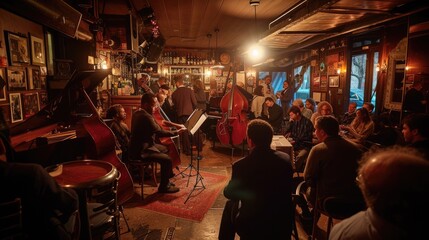 An evening jazz concert in a cozy club, musicians in deep concentration, audience immersed in the music. Resplendent. - obrazy, fototapety, plakaty