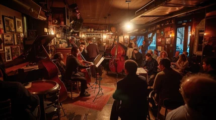 Foto auf Leinwand An evening jazz concert in a cozy club, musicians in deep concentration, audience immersed in the music. Resplendent. © Summit Art Creations