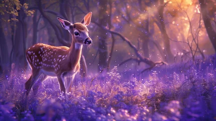 Tuinposter Hyper Realistic Deer in Purple Forest With cyber prank style  © Ummeya