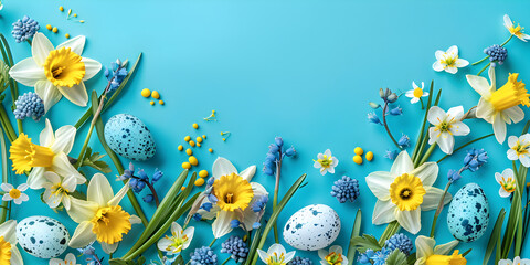 Obraz na płótnie Canvas White flowers and painted Easter eggs on a blue background. Festive floral concept with clean text space. flat lay. view from above,