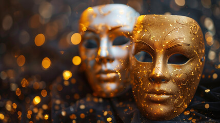 Two metallic gold masquerade masks on black stage background  - obrazy, fototapety, plakaty