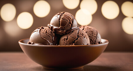 Fototapeta na wymiar Chocolate ice cream in a brown bowl on a brown table with bokeh background - Generative AI