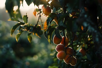 a juicy bunch of peaches ,leaves in the background - Powered by Adobe
