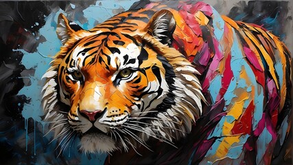 Obraz premium Pallet knife and vivid abstract oil and acrylic painting of a multicolored tiger on canvas, with an animal head portrait