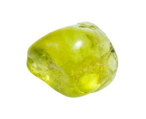 close up of sample of natural stone from geological collection - tumbled peridot crystal isolated on white background from Pakistan