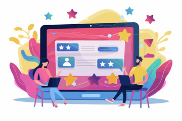 Engaging Customer Feedback and Social Media Interaction Concept: Users Sharing Reviews and Ratings, Creative Illustration for Web Banner, Social Media, and Marketing Material.