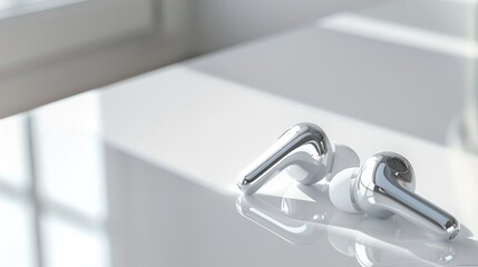 A UHD capture of a modern wireless earphone lying on a pristine white tabletop, with blank space nearby suitable for including branding or promotional messages.