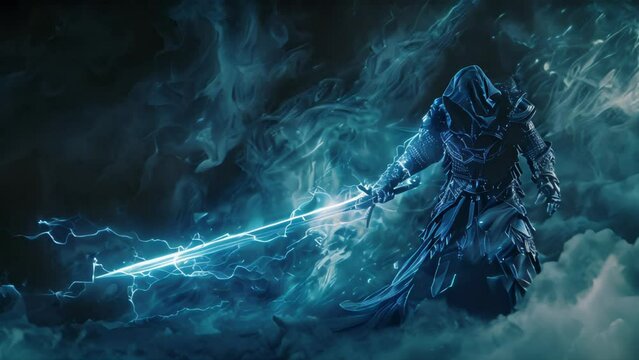 Digital artwork of a warrior in armor wielding a blue lightning sword. Fantasy battle concept.