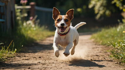 Jack Russell running a cone mouth - obrazy, fototapety, plakaty