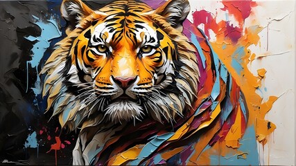 Pallet knife and vivid abstract oil and acrylic painting of a multicolored tiger on canvas, with an animal head portrait