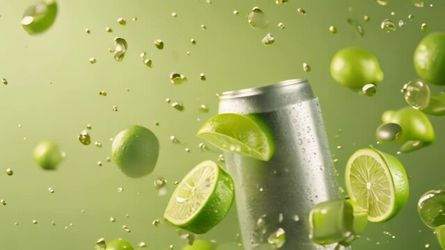 Freezing motion of lime slices and water splash around a can, on a green background. Refreshment and summer drink concept with copy space