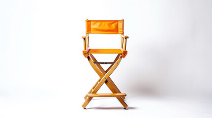 Fototapeta premium A wooden chair with a brown leather seat and back. The chair is empty and sitting on a white background