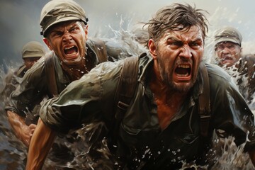 Fototapeta premium Battle-weary soldiers charging through surf post beach landing. Armed with rifles, their faces show a mix of fear and determination as they advance towards the enemy lines.