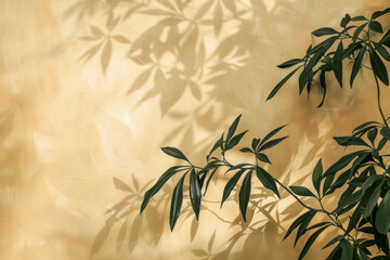 Silhouettes of delicate plant leaves cast a dance of shadows upon a textured beige backdrop, evoking tranquility