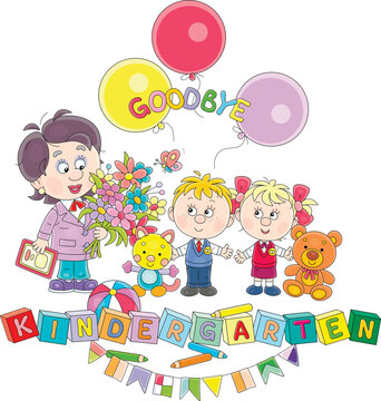 Goodbye kindergarten card with a happy nursery teacher with beautiful flowers and little boy and girl graduates at graduation ceremony with colorful balloons, vector cartoon illustration