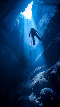 A speleologist descends on cables into a deep cave, the contrast between light and darkness