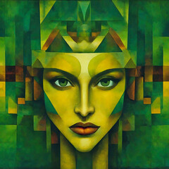 Cubist portrait of a young woman with green eyes in artificial green surroundings. Mixed reality. - obrazy, fototapety, plakaty