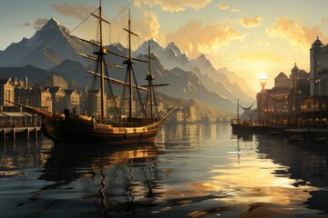 A tall ship peacefully docked in a picturesque harbor at sunset, with a majestic mountain range in the background. Ideal for travel and exploration. - obrazy, fototapety, plakaty