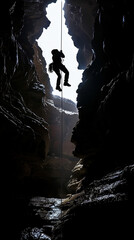 A speleologist descends on cables into a deep cave, the contrast between light and darkness - obrazy, fototapety, plakaty