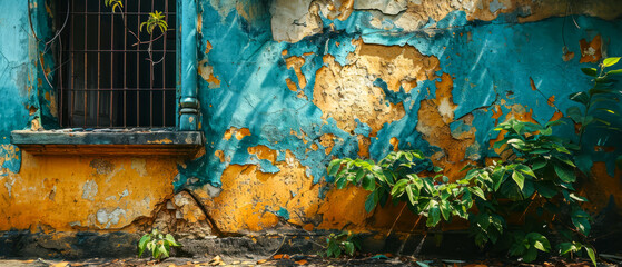 The textured facade of a blue and yellow wall with peeling paint
