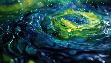 A photorealistic close up of swirling water with green and blue hues, with ripples in the center and yellow highlights. Created with Ai - obrazy, fototapety, plakaty