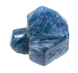 close up of sample of natural stone from geological collection - raw blue sapphire crystal with branch isolated on white background from Madagascar