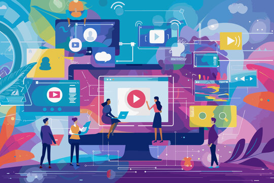 Engaging Digital Era: A Dynamic Illustration of Video Streaming, Social Media Interaction, and Multimedia Content Creation, Perfect for Web and Social Media Banners, Business and Marketing Presentatio