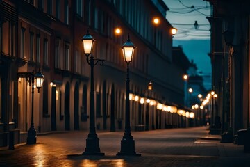 Fototapeta na wymiar fashioned street lamps in the street in the twilight