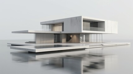 Architect 3D model of minimalist building asymmetrical balance white and gray Minimalist outfit Realistic, detailed rendering