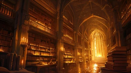 Photo sur Plexiglas Vieil immeuble An ancient library with towering bookshelves, hidden alcoves, and magical glowing manuscripts. Resplendent.