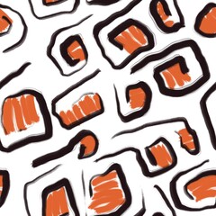 Seamless abstract geometric pattern. Background in black, orange, white. Illustration. Lines, meanders. Design for textile fabrics, wrapping paper, background, wallpaper, cover.