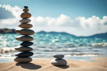 Fototapeten Stack of balancing pebble stones on sand and water edge © Ateeq