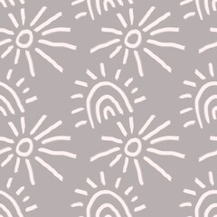 Seamless abstract pattern with rainbows, suns. Simple background in pink, grey colors. Digital texture. Design for textile fabrics, wrapping paper, background, wallpaper, cover.