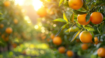 Bright ripe tangerines on a branch overlooking a sunset  landscape with gardens and fruit plantations - obrazy, fototapety, plakaty