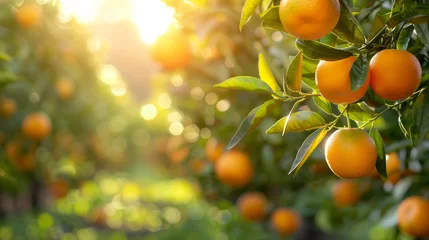 Foto op Plexiglas Bright ripe tangerines on a branch overlooking a sunset  landscape with gardens and fruit plantations © Myroslava