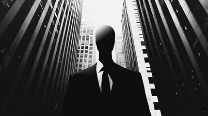 Faceless silhouette in a sleek business suit against a background of monochrome office buildings, symbolizing the dehumanizing nature of corporate life and the impersonal relationships that can arise. - obrazy, fototapety, plakaty