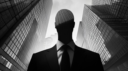 Faceless silhouette in a sleek business suit against a background of monochrome office buildings, symbolizing the dehumanizing nature of corporate life and the impersonal relationships that can arise.
