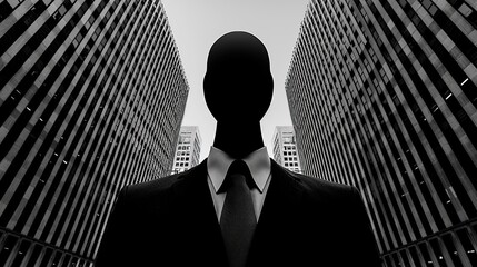 Faceless silhouette in a sleek business suit against a background of monochrome office buildings, symbolizing the dehumanizing nature of corporate life and the impersonal relationships that can arise. - obrazy, fototapety, plakaty