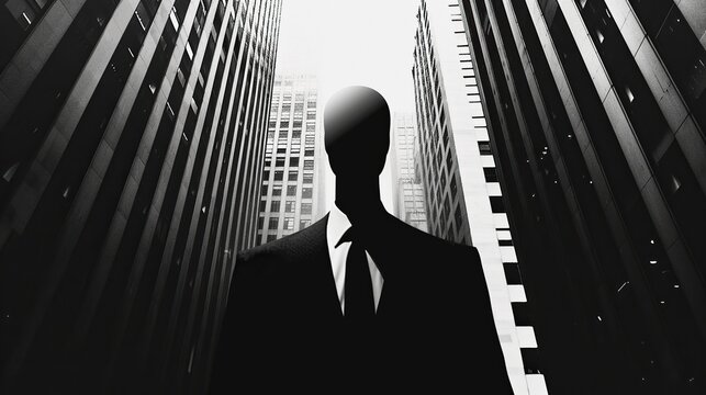 Faceless silhouette in a sleek business suit against a background of monochrome office buildings, symbolizing the dehumanizing nature of corporate life and the impersonal relationships that can arise.