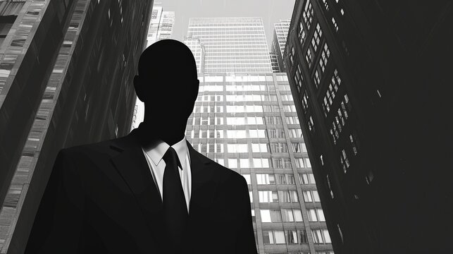 Faceless silhouette in a sleek business suit against a background of monochrome office buildings, symbolizing the dehumanizing nature of corporate life and the impersonal relationships that can arise.