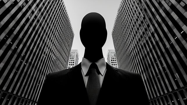 Faceless silhouette in a sleek business suit against a background of monochrome office buildings, symbolizing the dehumanizing nature of corporate life and the impersonal relationships that can arise.