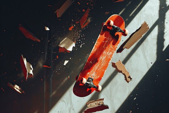 Fragmented skateboard, each piece suspended in mid-air, symbolizing the breaking of societal norms and the pursuit of individual expression. The use of contrasting colors and shadows .