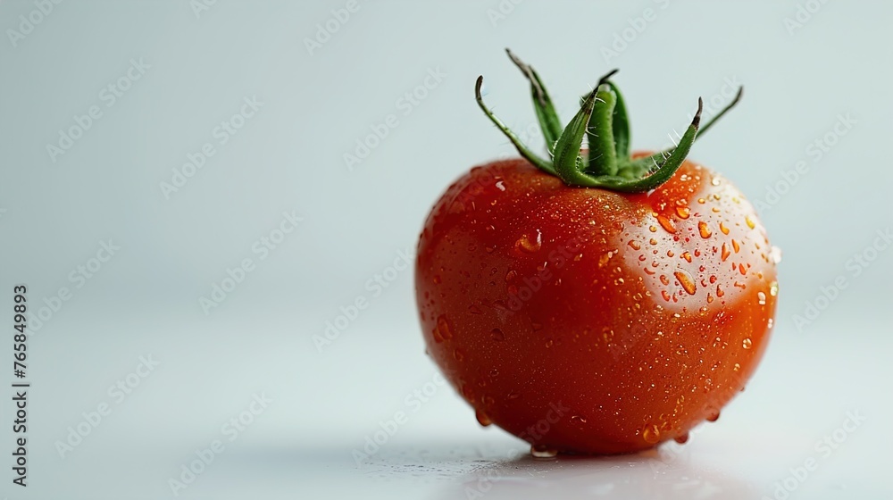 Poster a uhd capture of a single ripe tomato placed on a clean white surface, with open space around it ide
